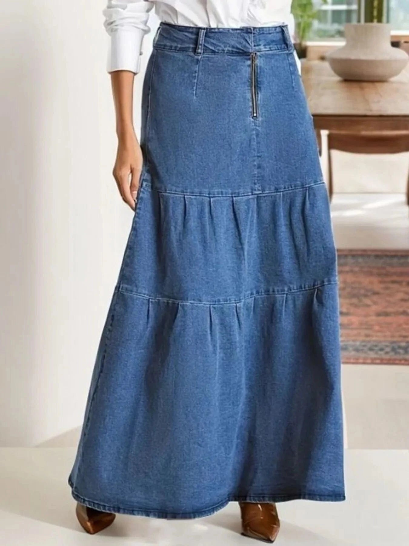 Tiered Maxi Denim Skirt with Zipper Detail - ShalayeFashion
