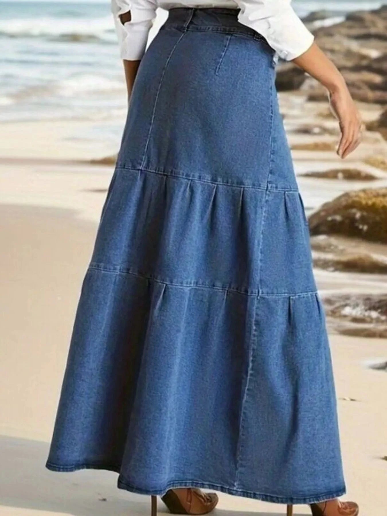 Tiered Maxi Denim Skirt with Zipper Detail - ShalayeFashion