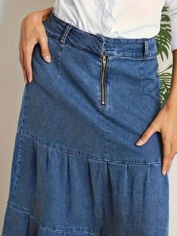 Tiered Maxi Denim Skirt with Zipper Detail - ShalayeFashion