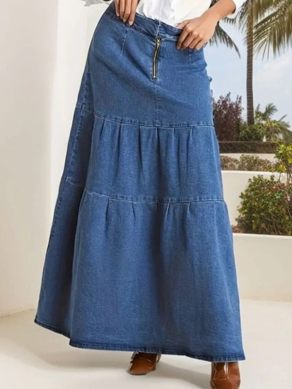 Tiered Maxi Denim Skirt with Zipper Detail - ShalayeFashion