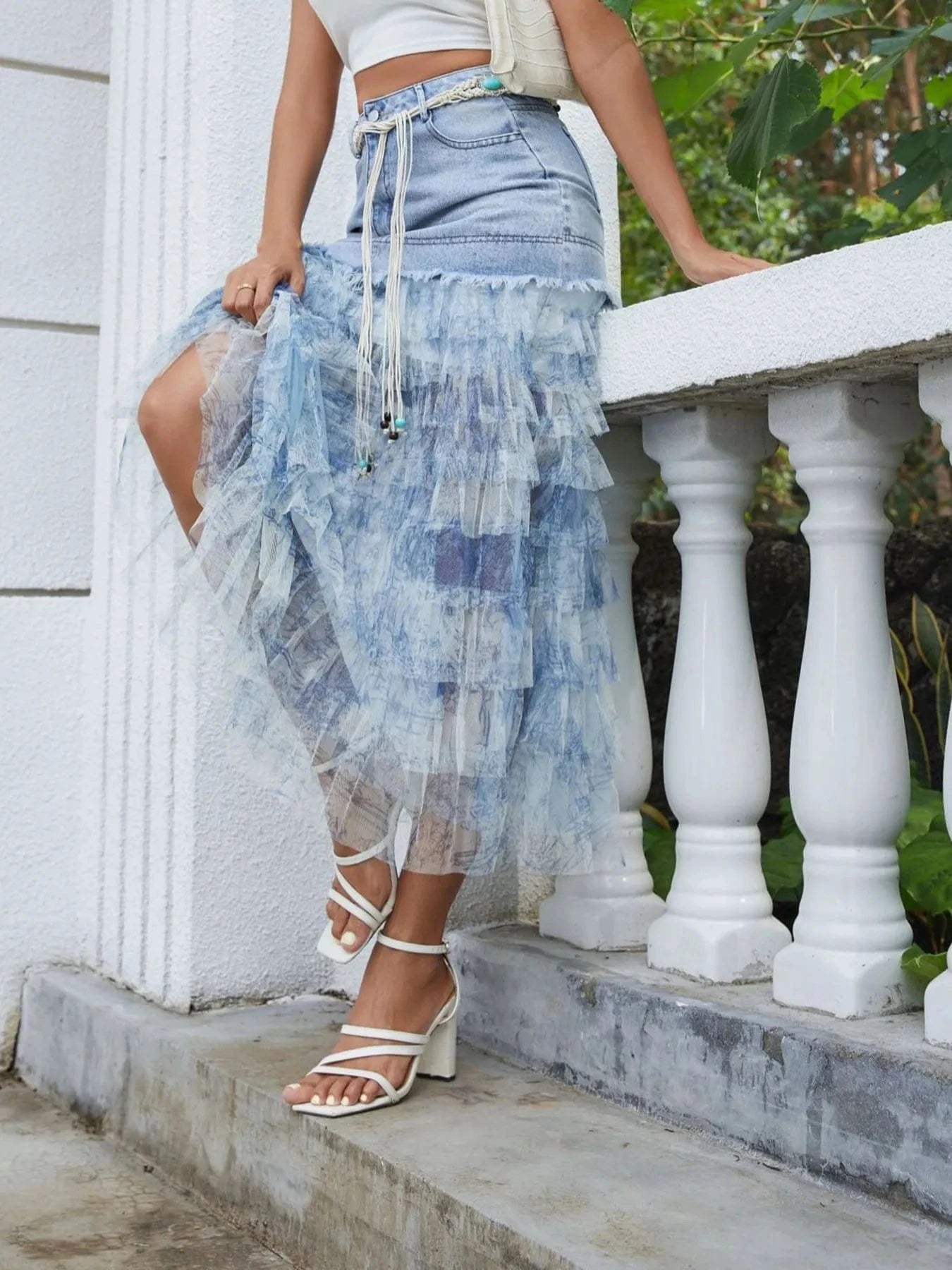 Tiered Ruffle Denim Patchwork Skirt - ShalayeFashion
