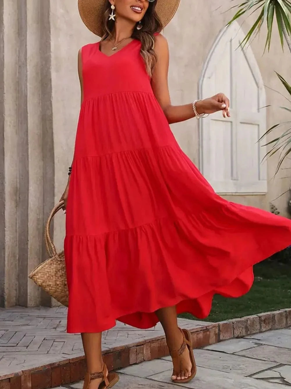 Tiered V - Neck Sleeveless Dress - ShalayeFashion