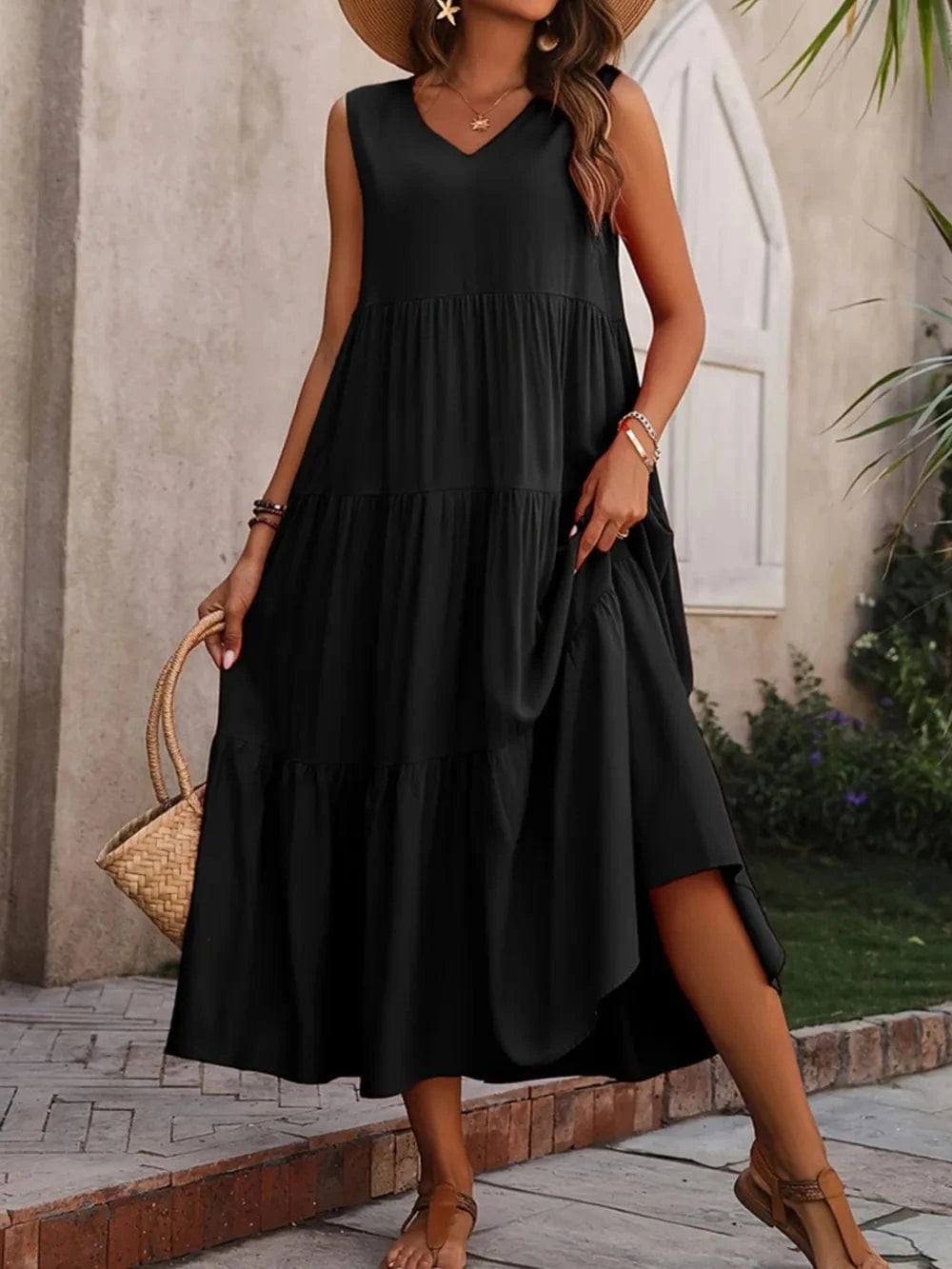 Tiered V - Neck Sleeveless Dress - ShalayeFashion