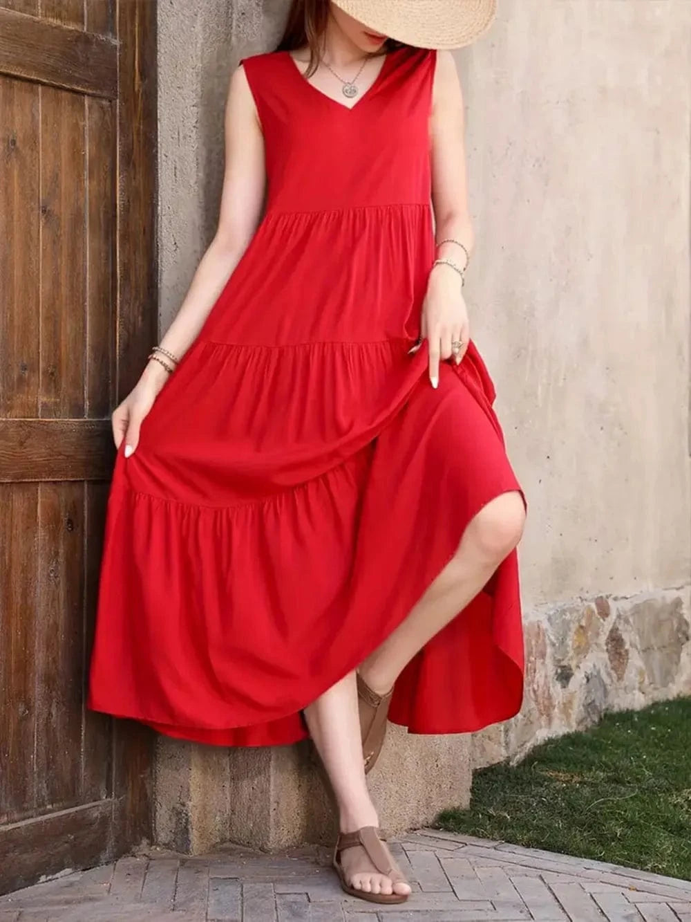 Tiered V - Neck Sleeveless Dress - ShalayeFashion