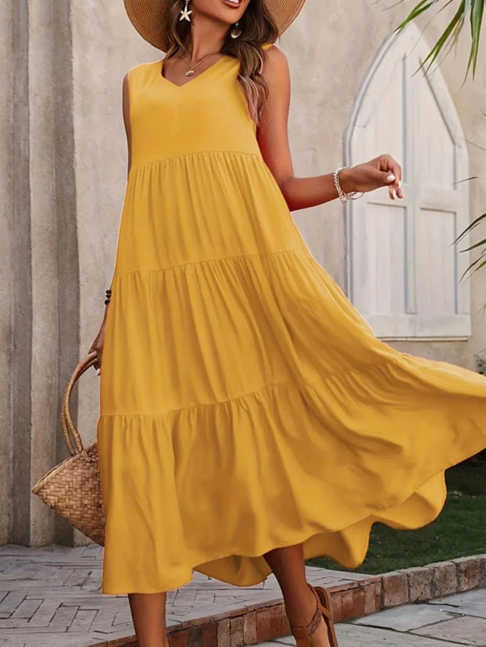 Tiered V - Neck Sleeveless Dress - ShalayeFashion