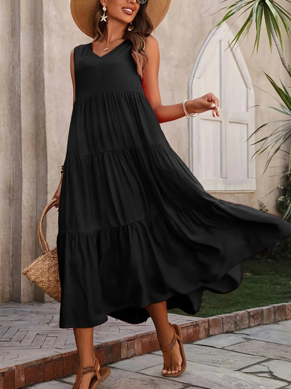 Tiered V - Neck Sleeveless Dress - ShalayeFashion