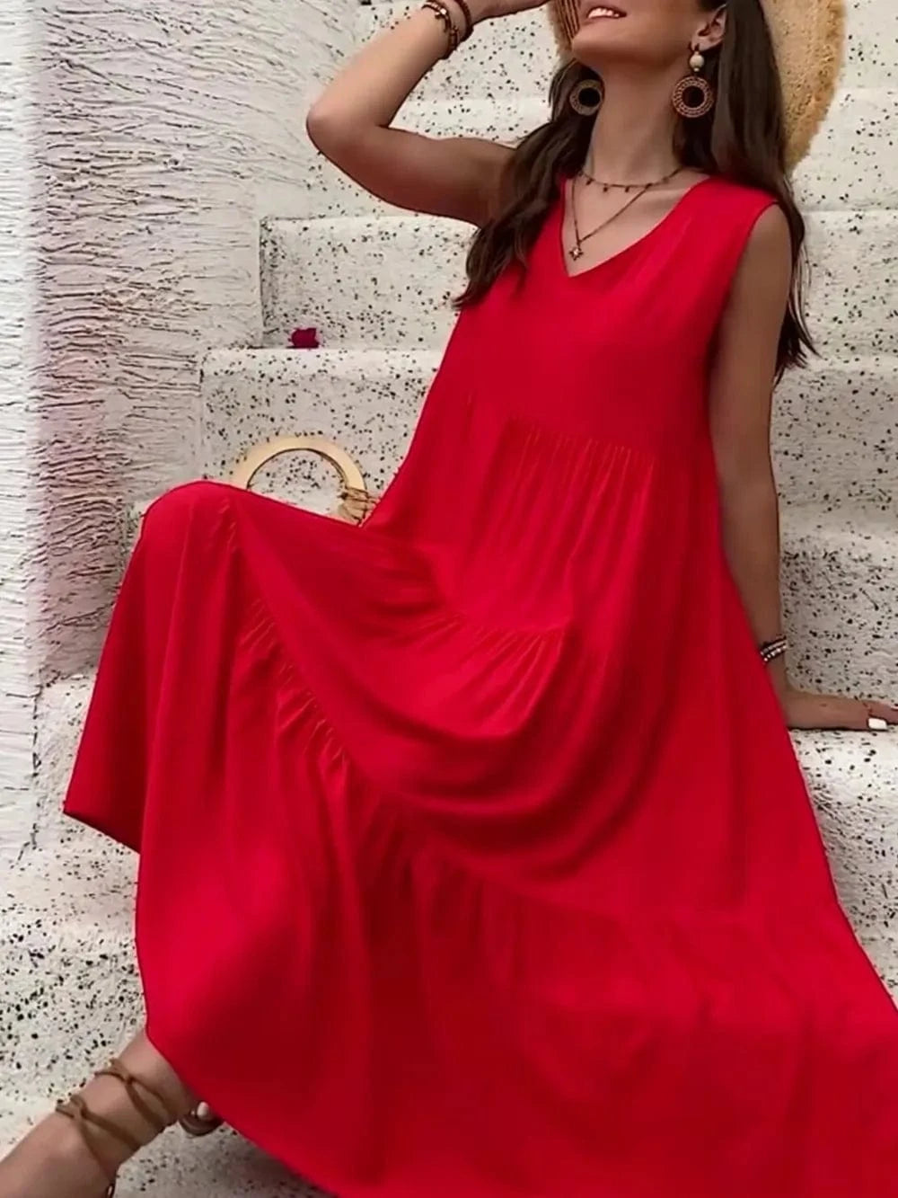 Tiered V - Neck Sleeveless Dress - ShalayeFashion