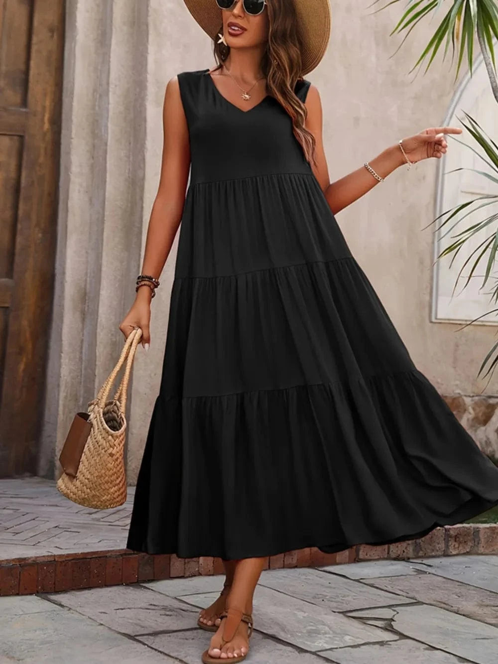 Tiered V - Neck Sleeveless Dress - ShalayeFashion