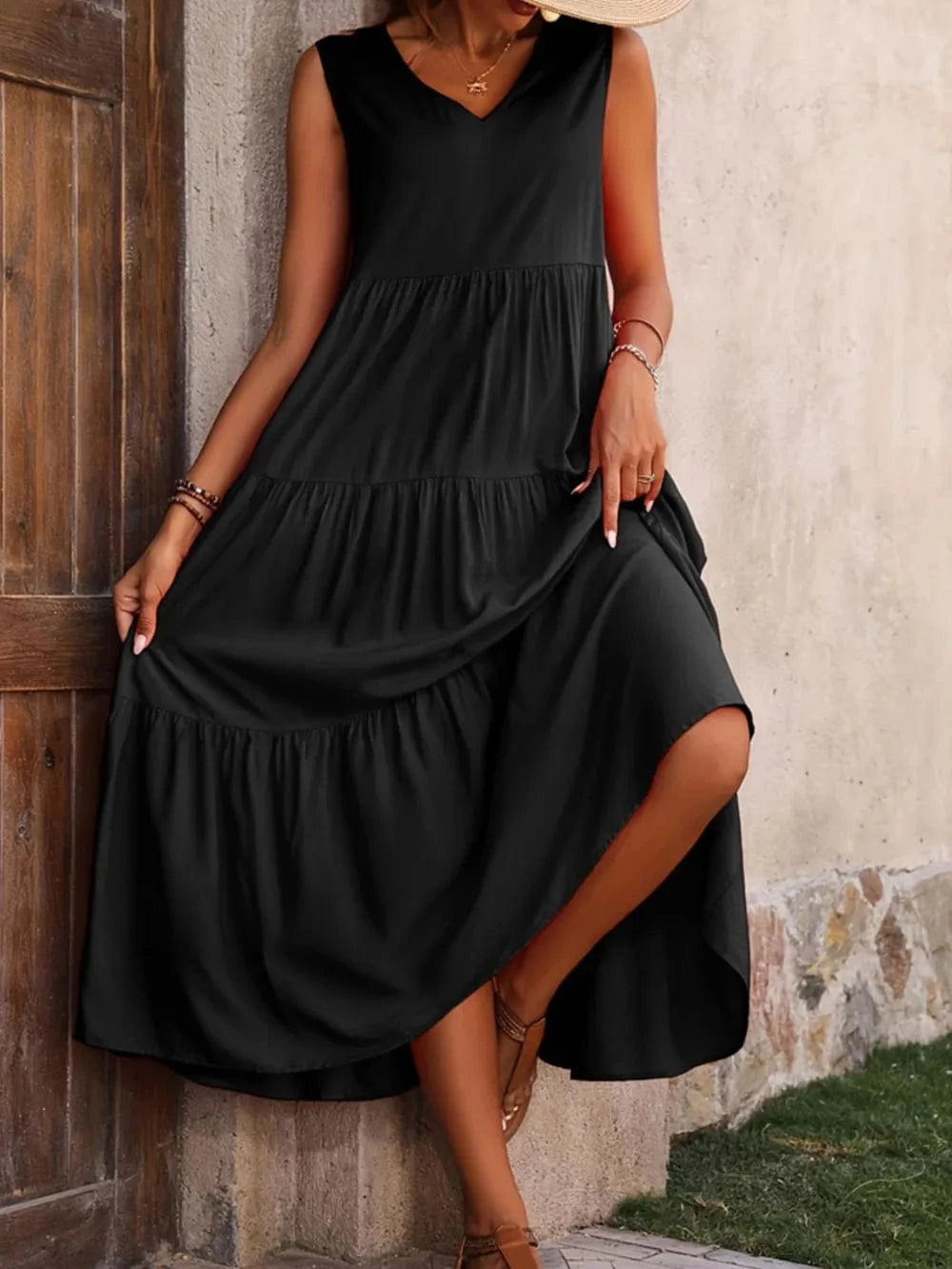 Tiered V - Neck Sleeveless Dress - ShalayeFashion