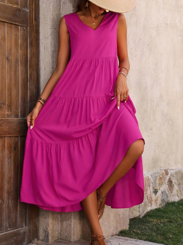 Tiered V - Neck Sleeveless Dress - ShalayeFashion