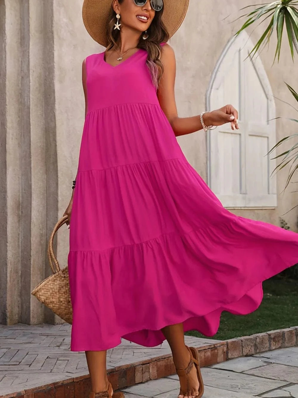 Tiered V - Neck Sleeveless Dress - ShalayeFashion