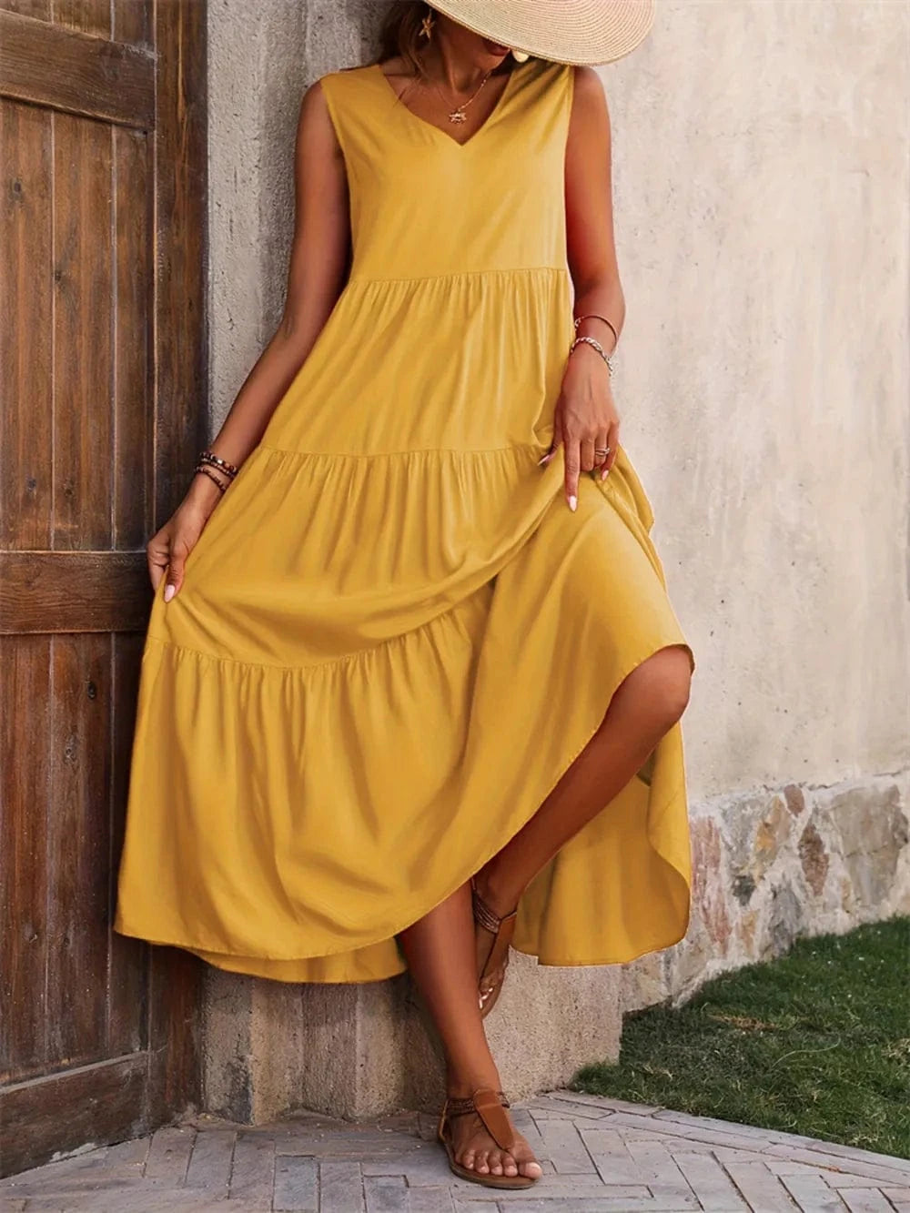 Tiered V - Neck Sleeveless Dress - ShalayeFashion