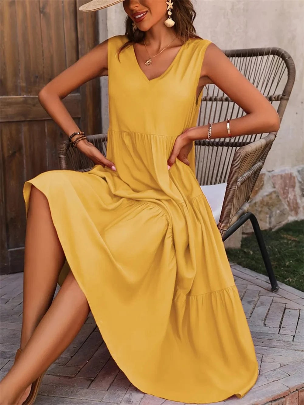Tiered V - Neck Sleeveless Dress - ShalayeFashion
