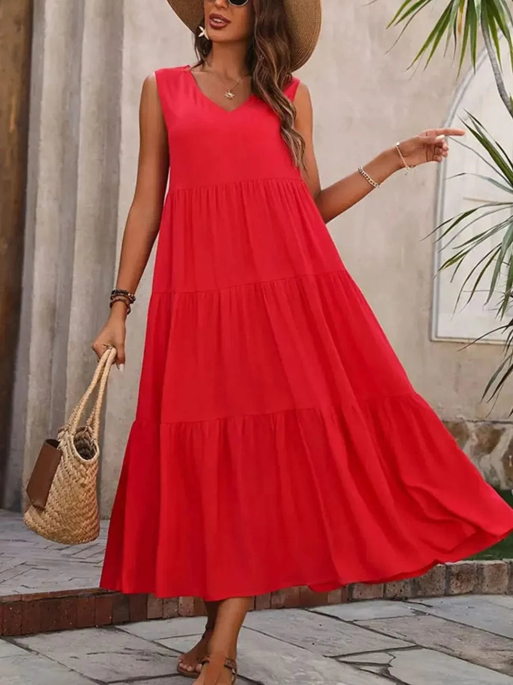 Tiered V - Neck Sleeveless Dress - ShalayeFashion