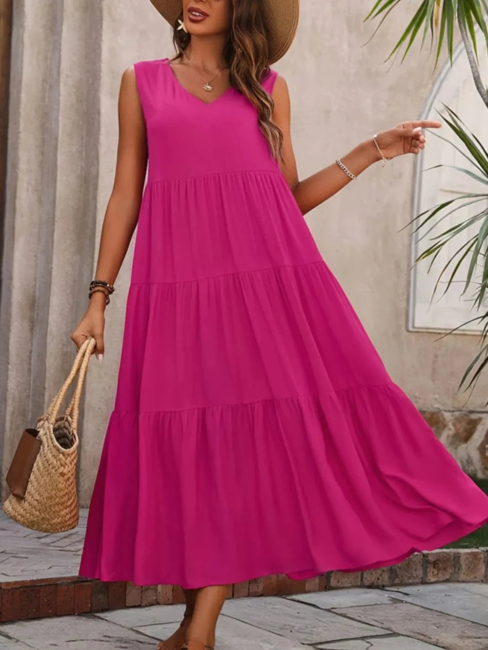 Tiered V - Neck Sleeveless Dress - ShalayeFashion