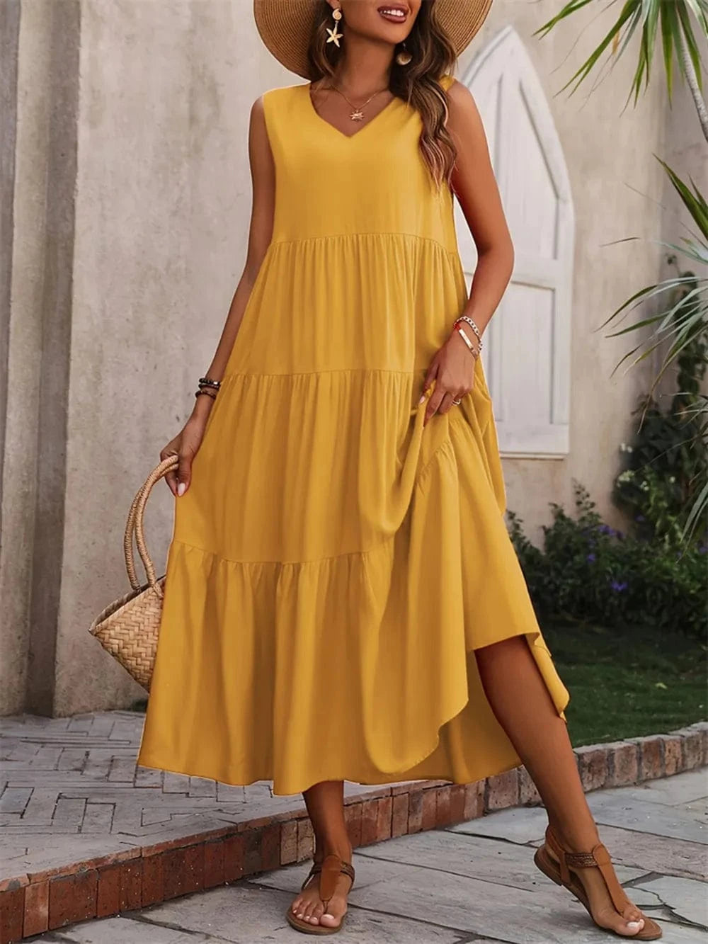 Tiered V - Neck Sleeveless Dress - ShalayeFashion