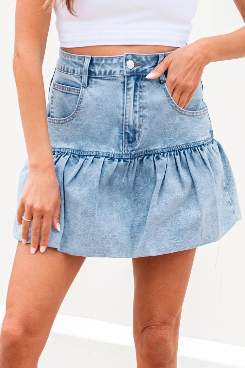 Trendy Bubble Hem Denim Mini Skirt - ShalayeFashion