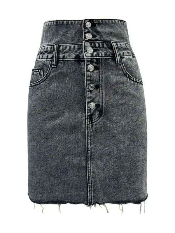Trendy High Waist Raw Hem Jean Skirt - ShalayeFashion