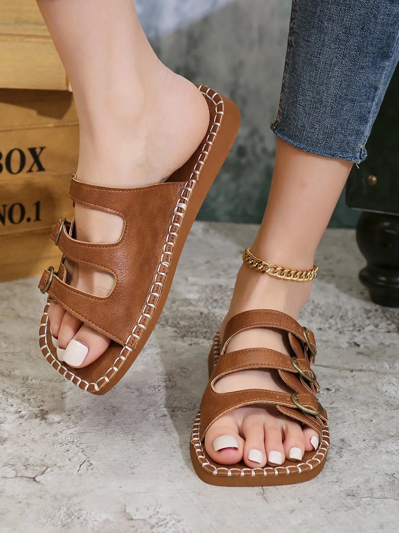 Triple Buckle Flat Sandals - ShalayeFashion