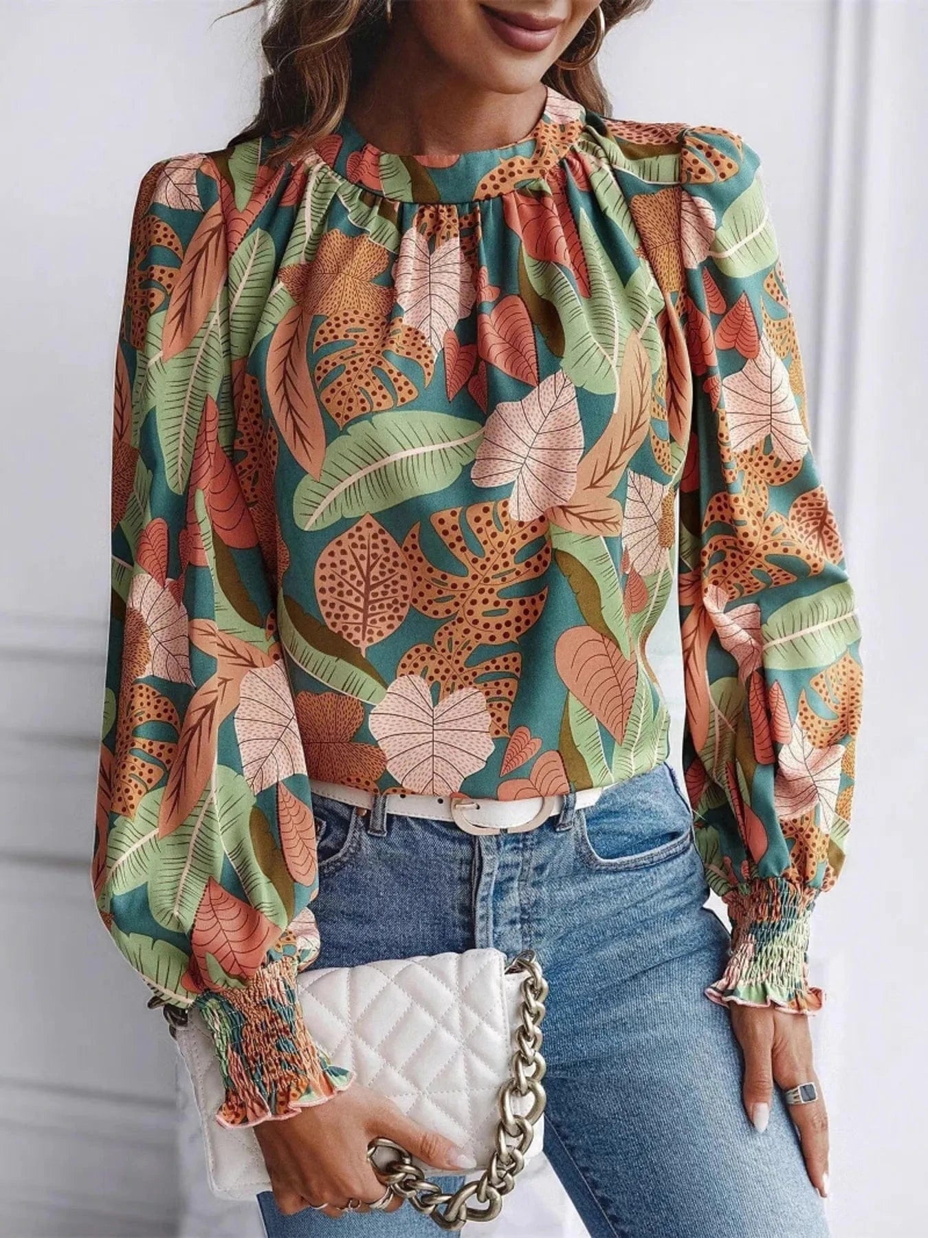 Tropical Print Long Sleeve Blouse - ShalayeFashion