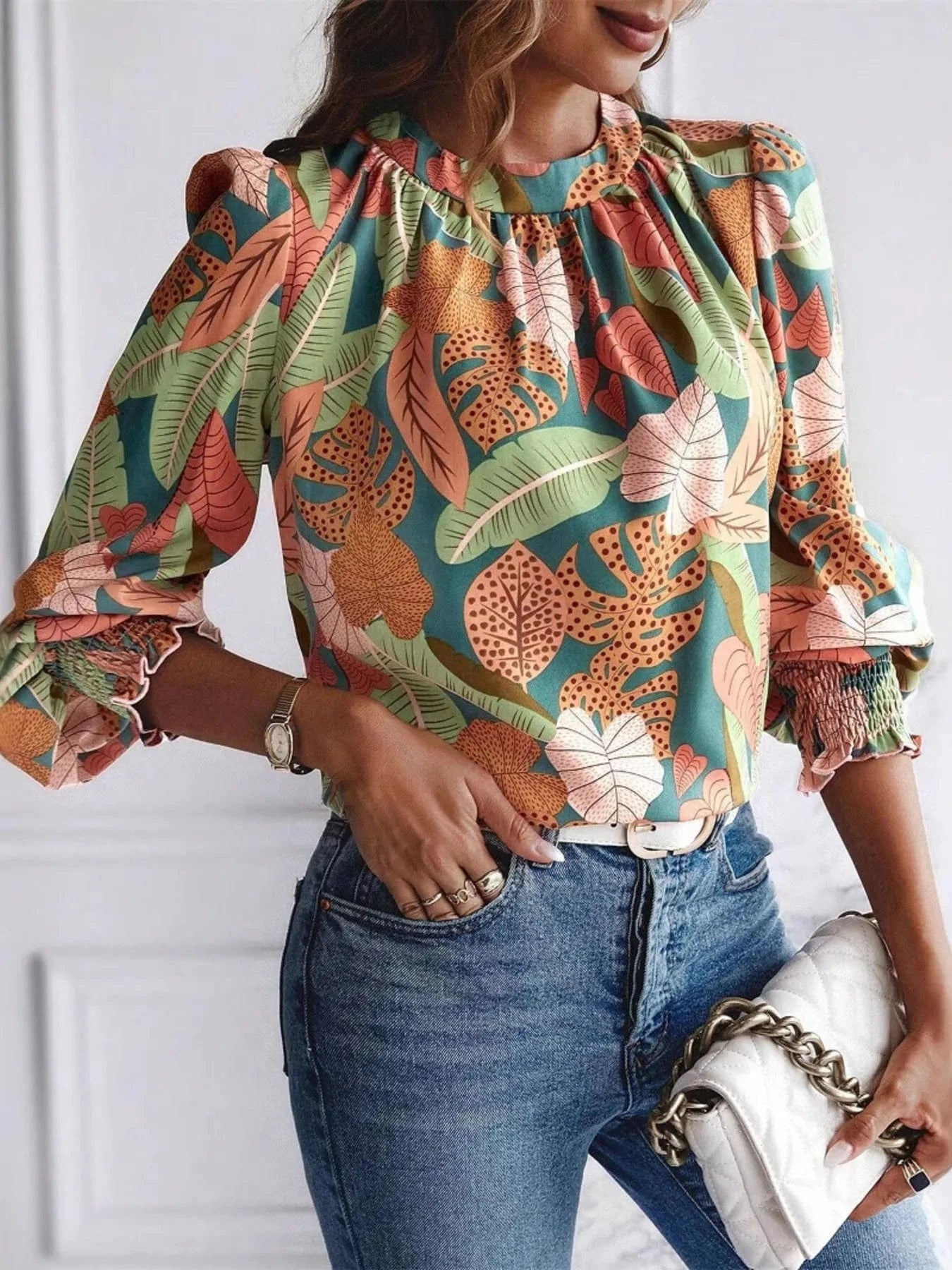 Tropical Print Long Sleeve Blouse - ShalayeFashion