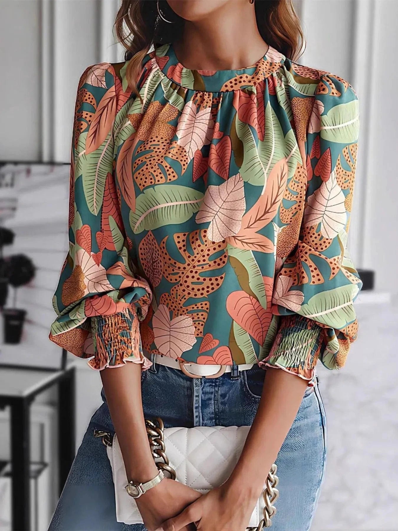 Tropical Print Long Sleeve Blouse - ShalayeFashion