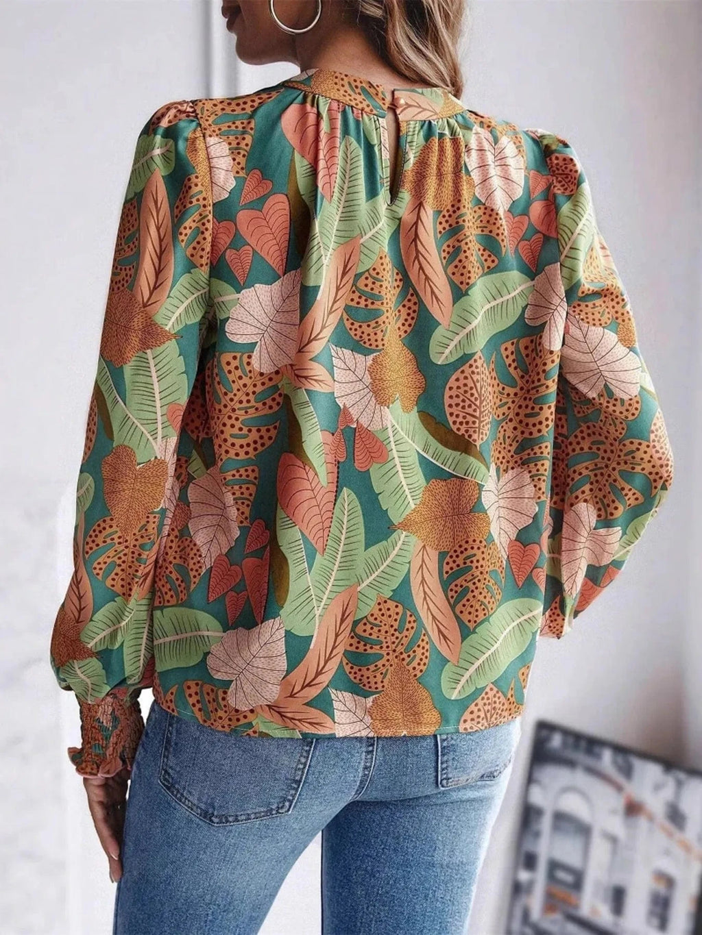 Tropical Print Long Sleeve Blouse - ShalayeFashion