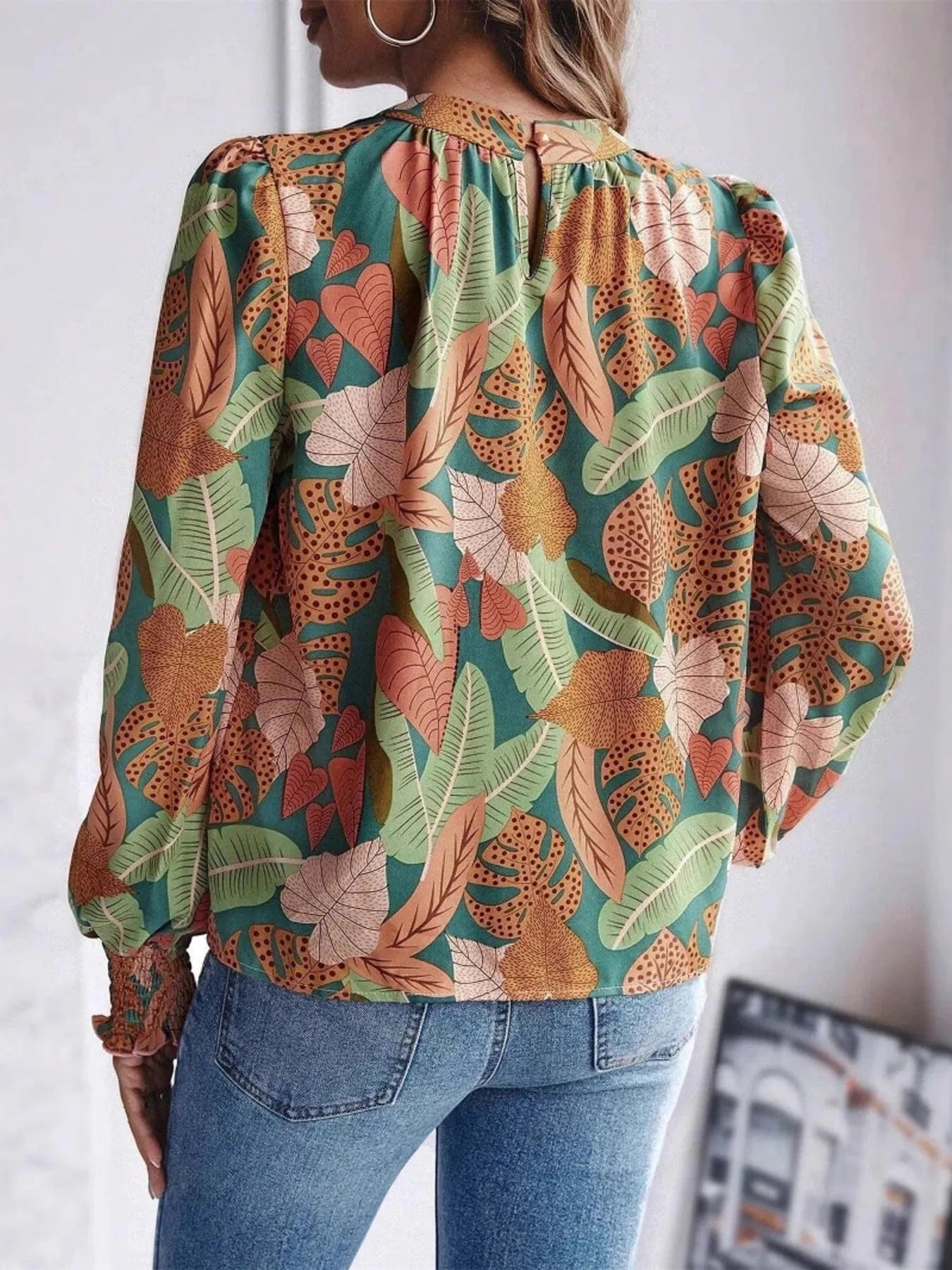 Tropical Print Long Sleeve Blouse - ShalayeFashion