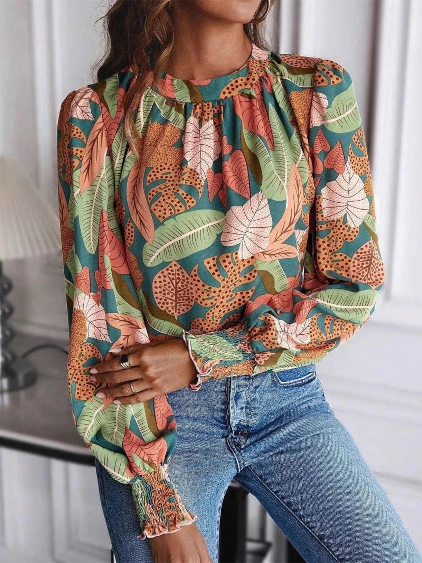 Tropical Print Long Sleeve Blouse - ShalayeFashion