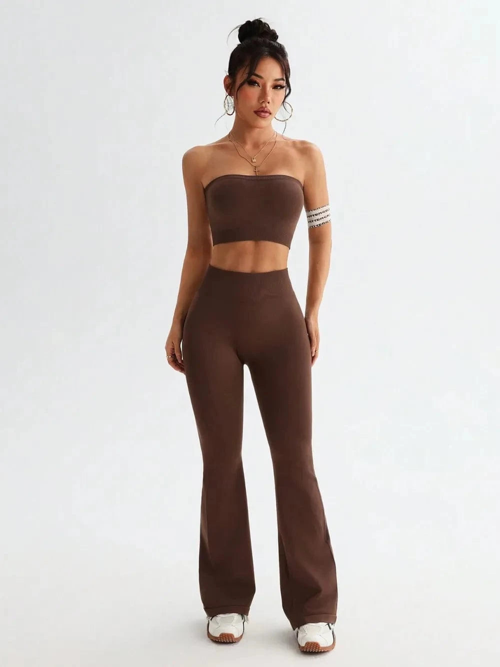 Tube Top and High Waist Flare Pants Active Set - ShalayeFashion