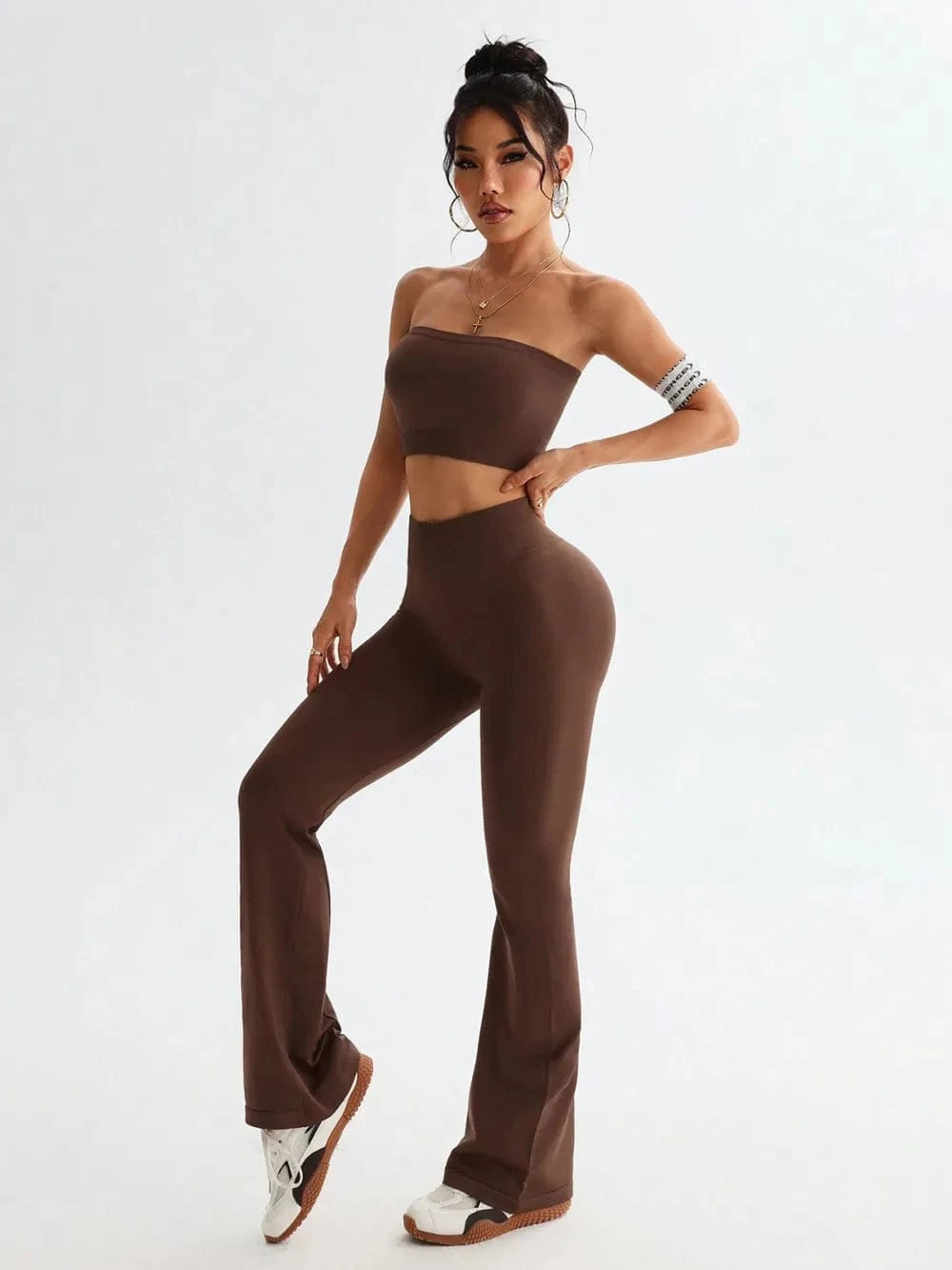 Tube Top and High Waist Flare Pants Active Set - ShalayeFashion