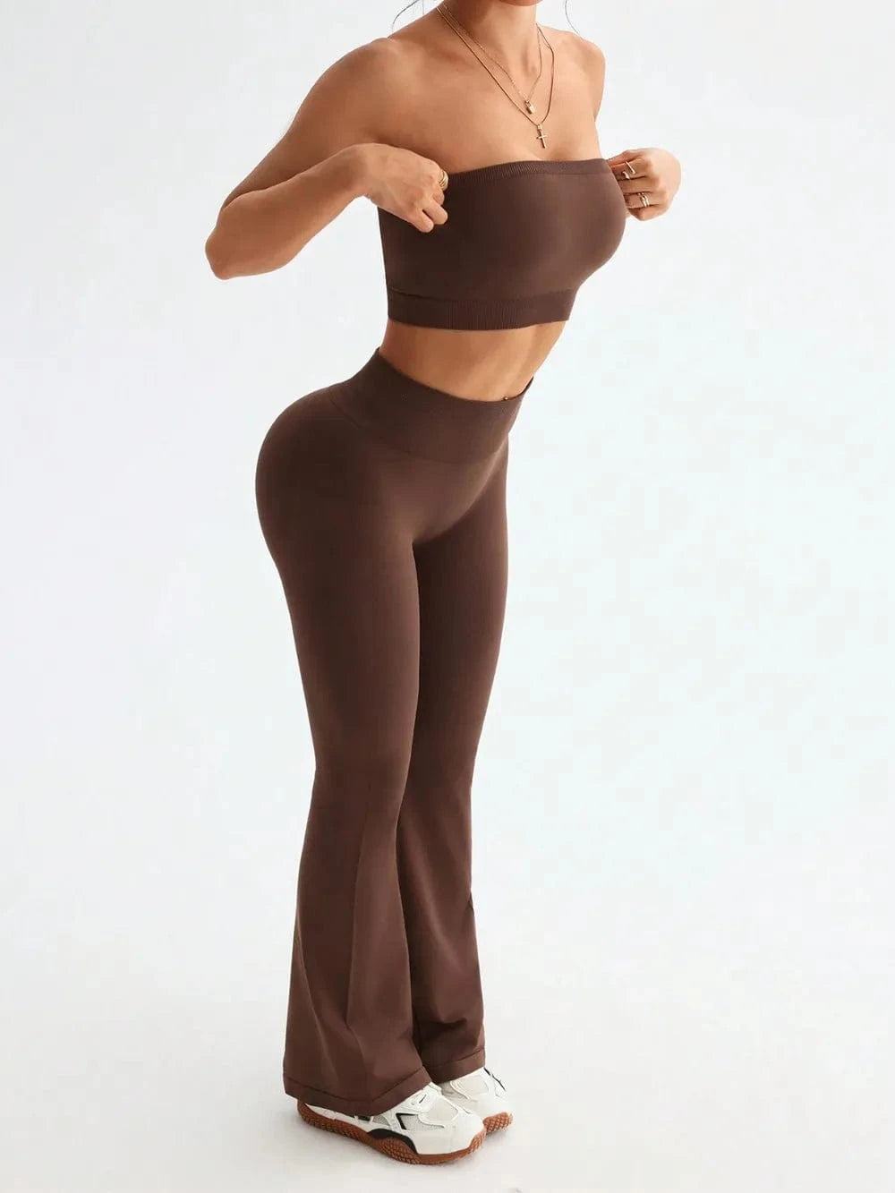 Tube Top and High Waist Flare Pants Active Set - ShalayeFashion