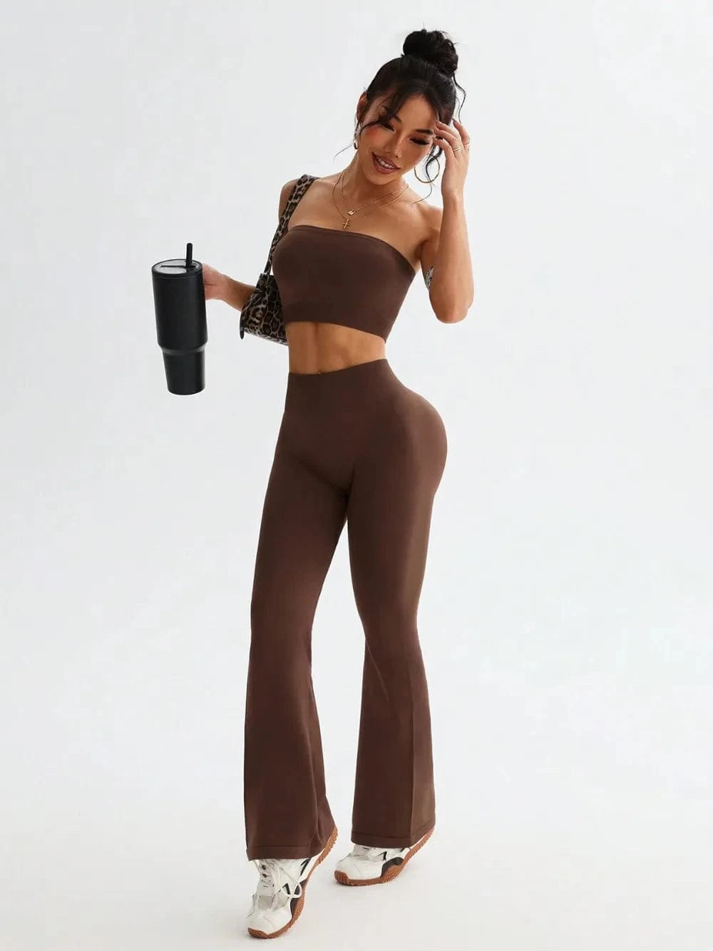 Tube Top and High Waist Flare Pants Active Set - ShalayeFashion