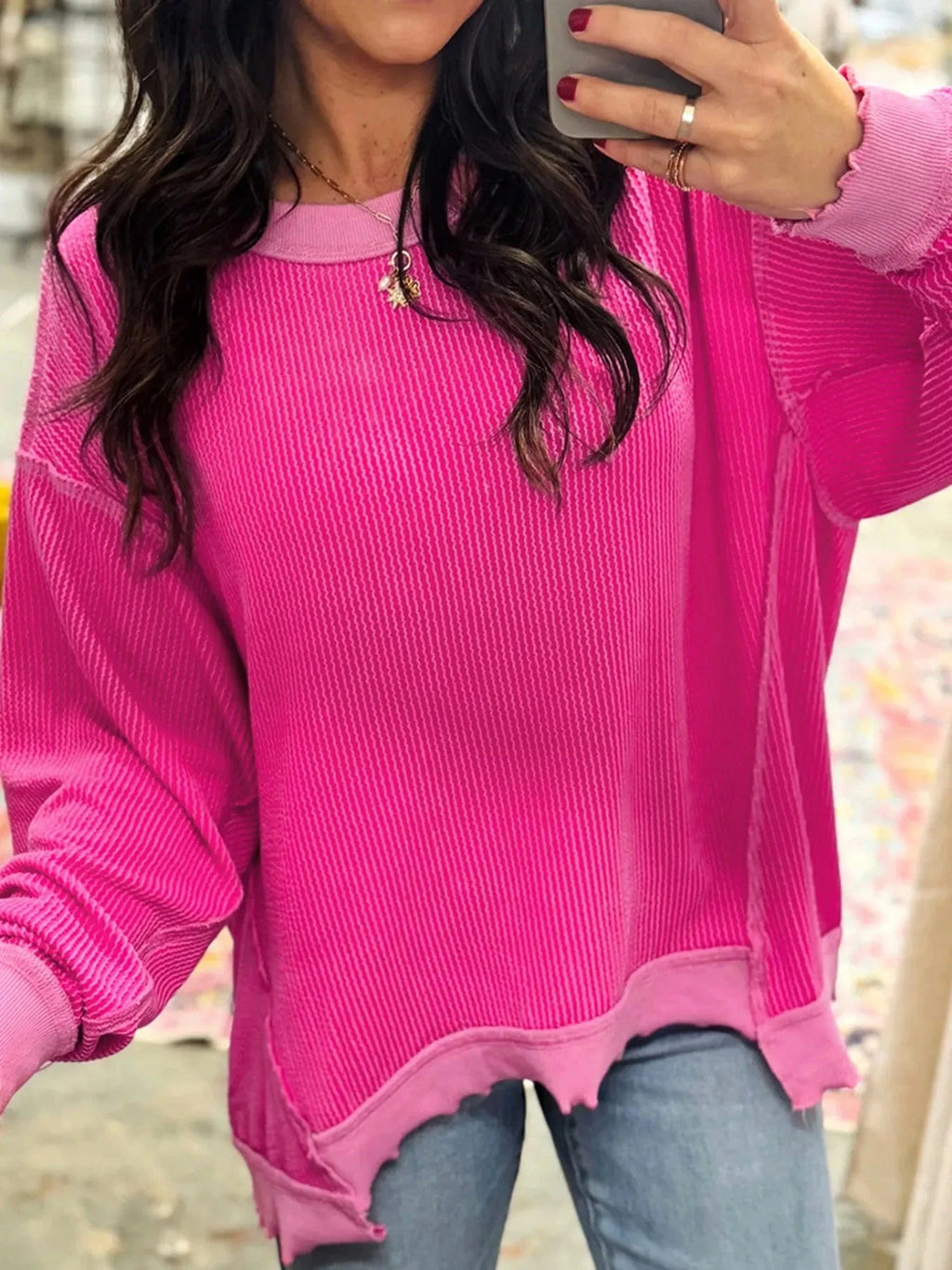 Twisted Rib Uneven Hem Drop Shoulder Loose Sweatshirt - ShalayeFashion