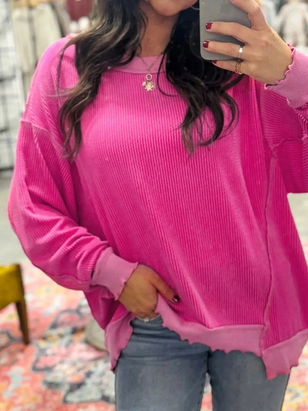 Twisted Rib Uneven Hem Drop Shoulder Loose Sweatshirt - ShalayeFashion