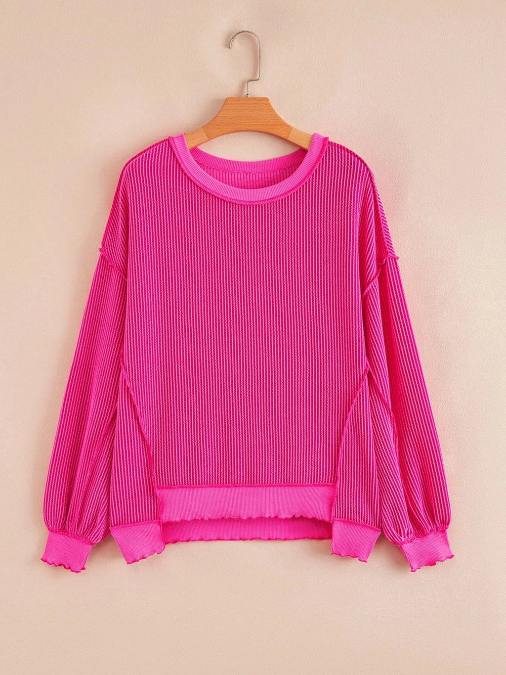 Twisted Rib Uneven Hem Drop Shoulder Loose Sweatshirt - ShalayeFashion