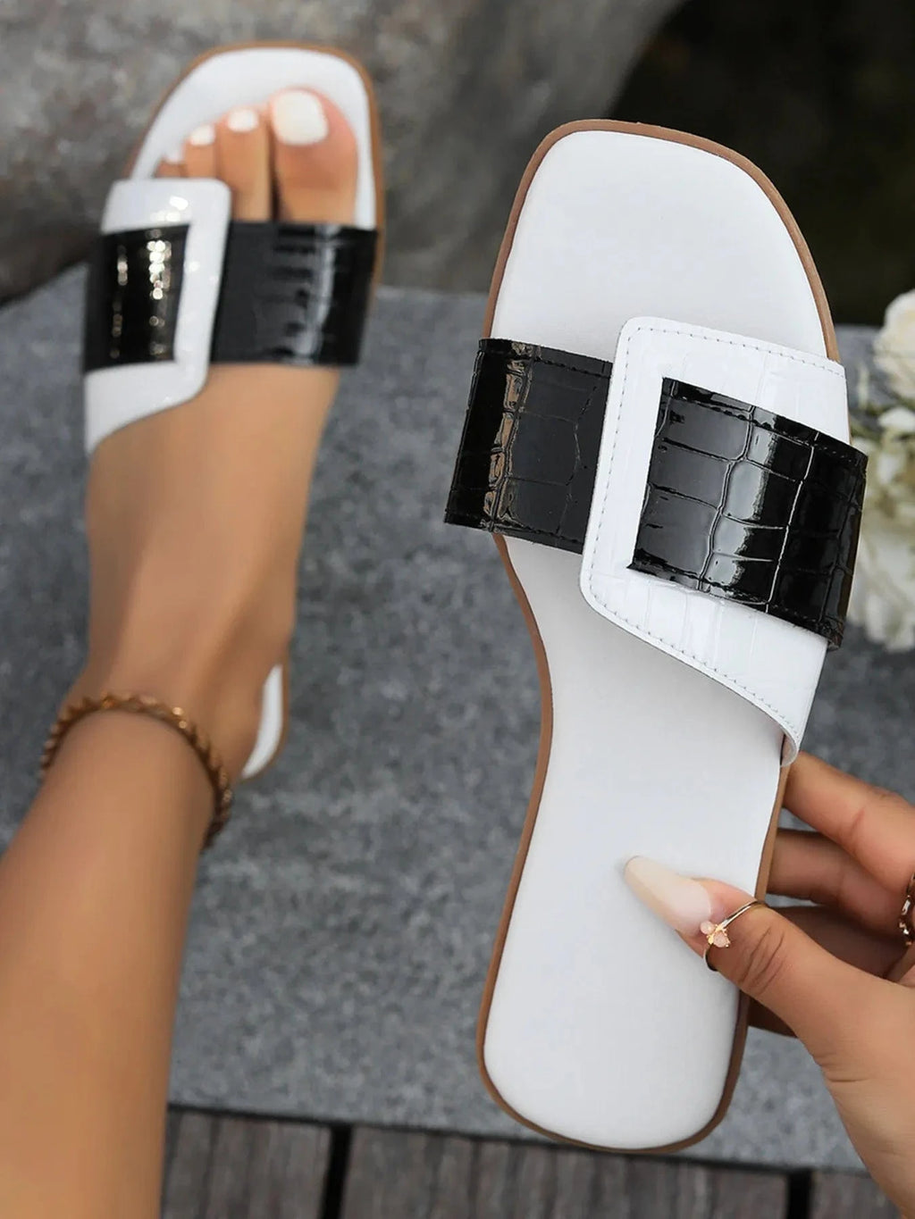 Two - Tone Flat Sandals - ShalayeFashion