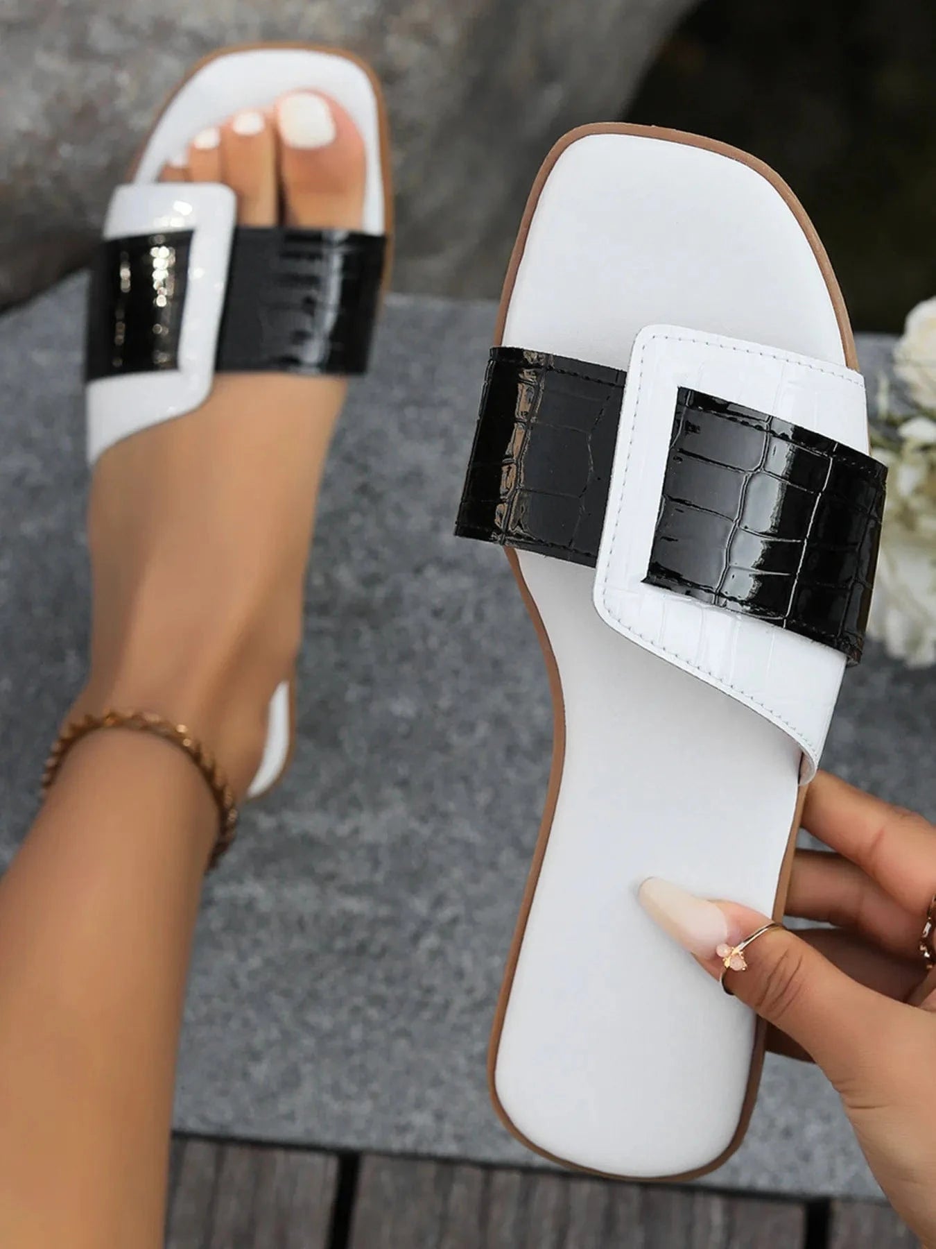 Two - Tone Flat Sandals - ShalayeFashion