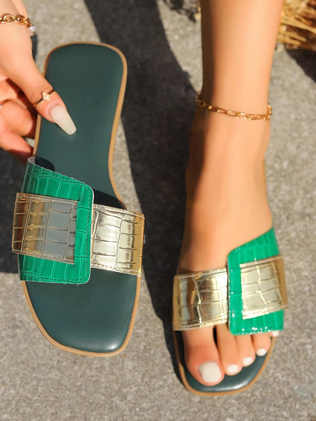 Two - Tone Flat Sandals - ShalayeFashion