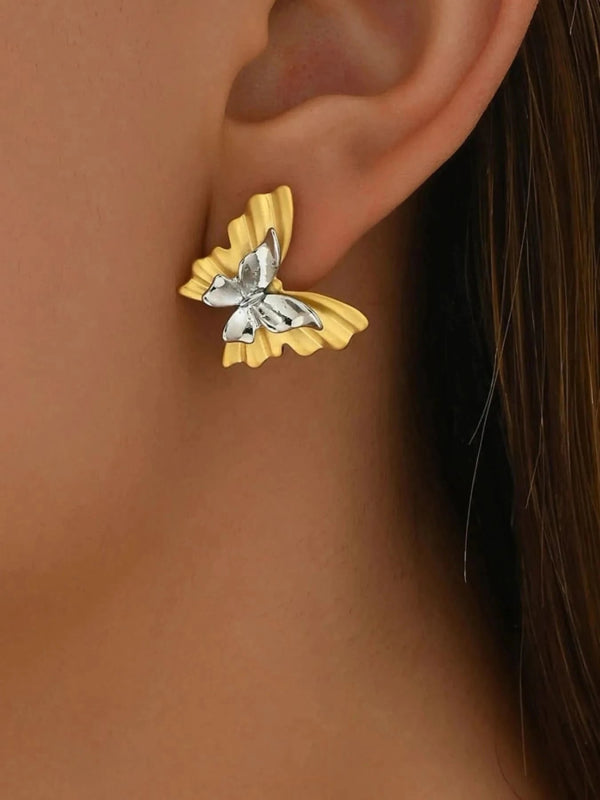 Two - Tone Stainless Steel Butterfly Earrings - ShalayeFashion