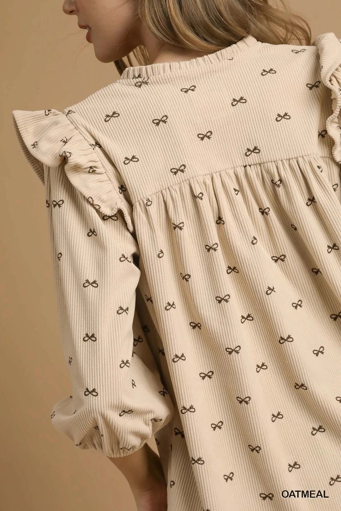 Umgee Bow Print Corduroy Puff Sleeve Blouse with Ruffled - ShalayeFashion