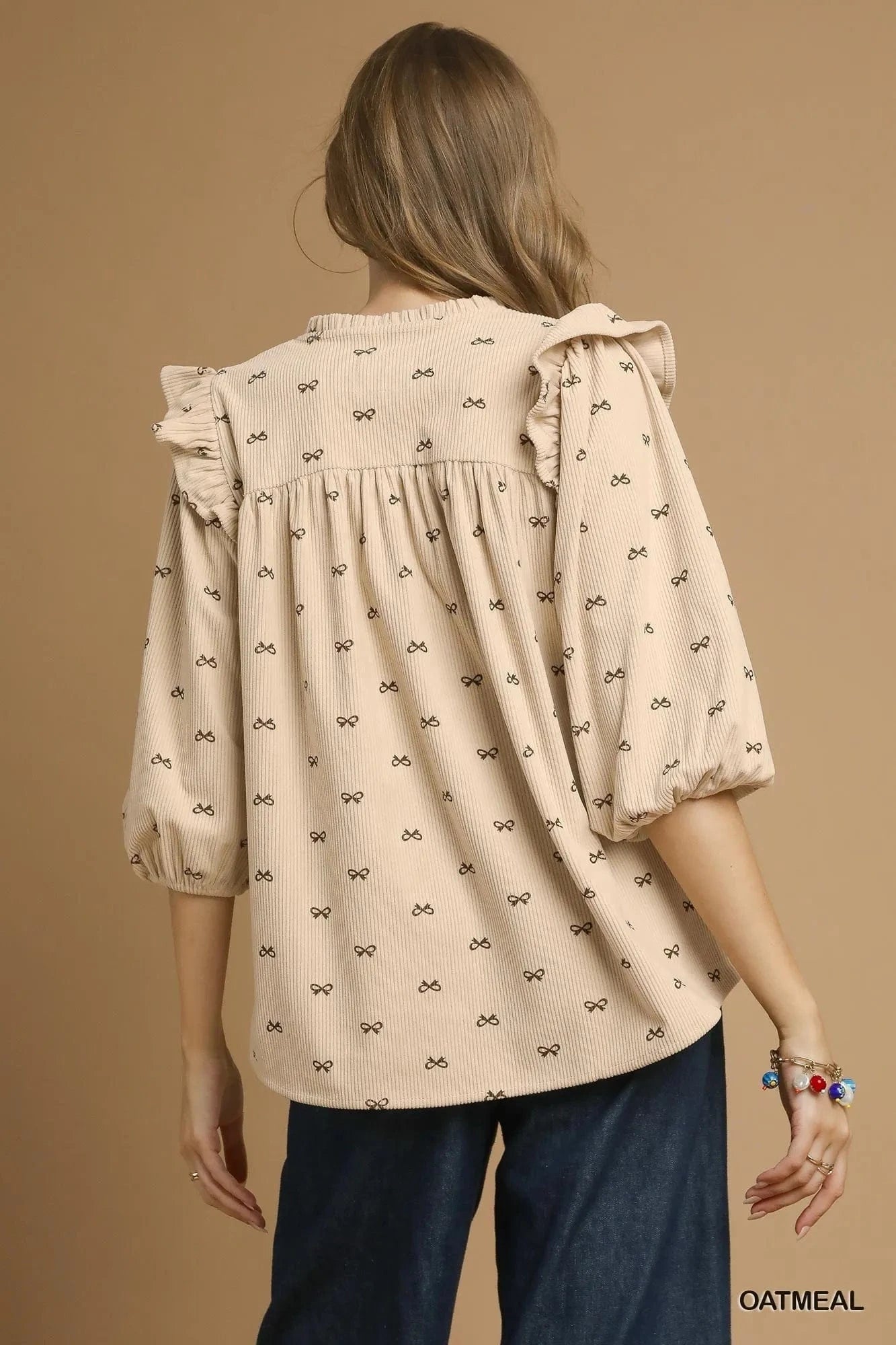 Umgee Bow Print Corduroy Puff Sleeve Blouse with Ruffled - ShalayeFashion