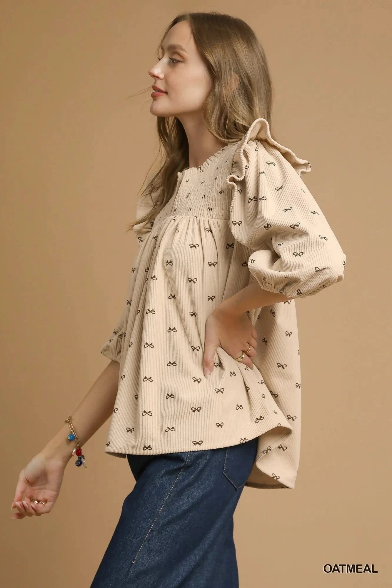 Umgee Bow Print Corduroy Puff Sleeve Blouse with Ruffled - ShalayeFashion