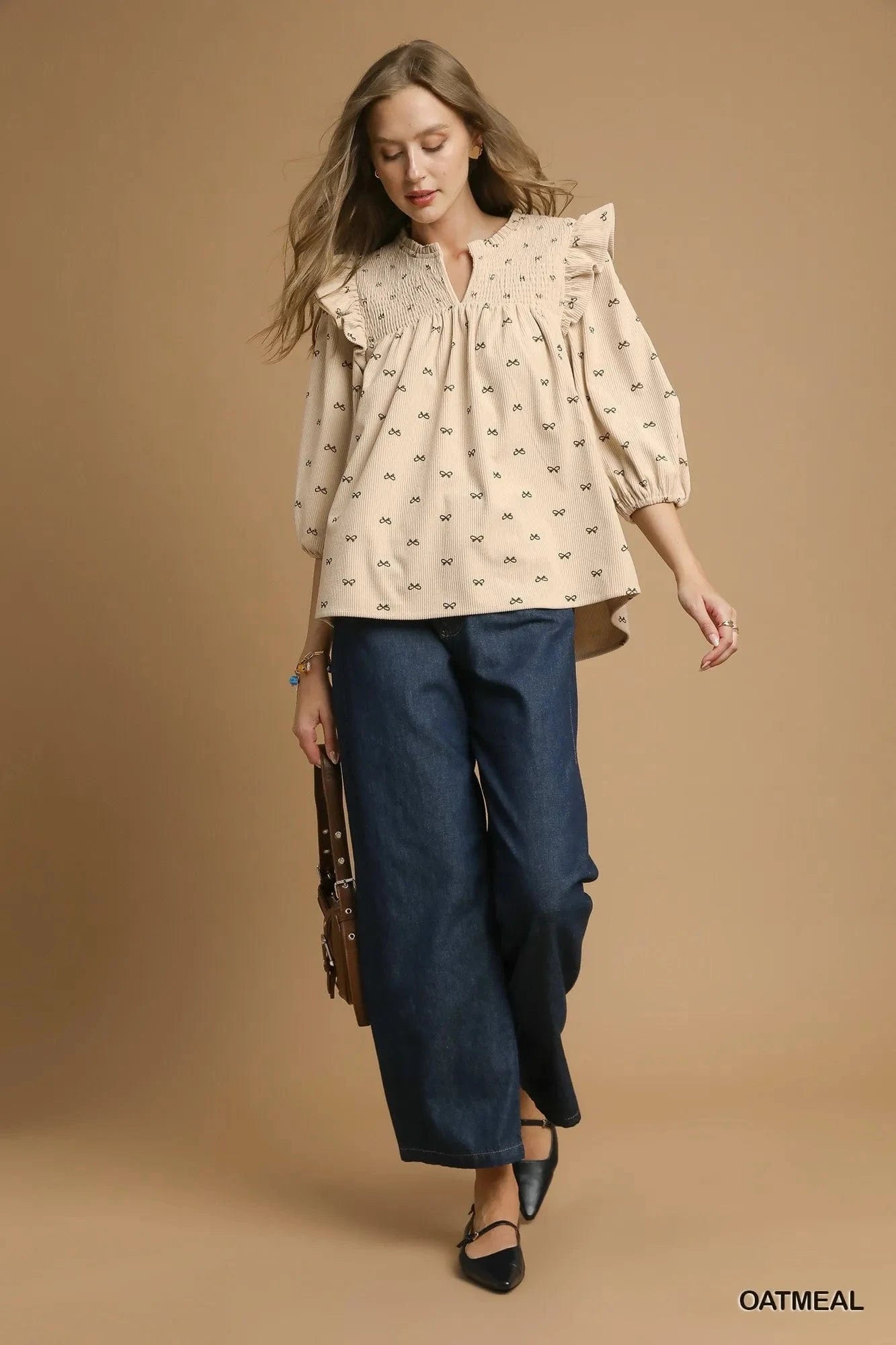 Umgee Bow Print Corduroy Puff Sleeve Blouse with Ruffled - ShalayeFashion