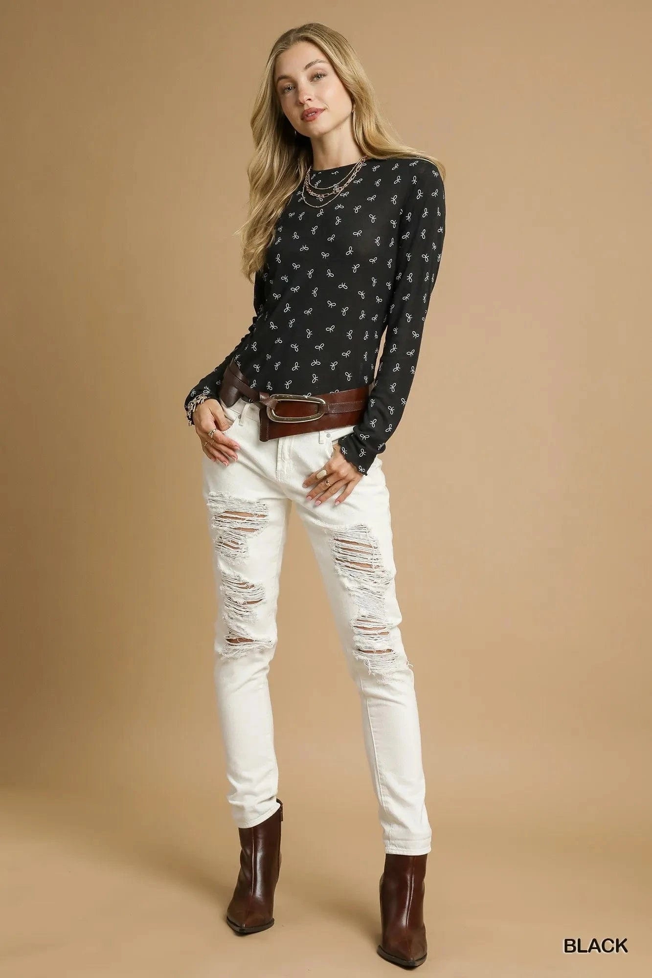 Umgee Bow Print Lightweight Knit Top - ShalayeFashion