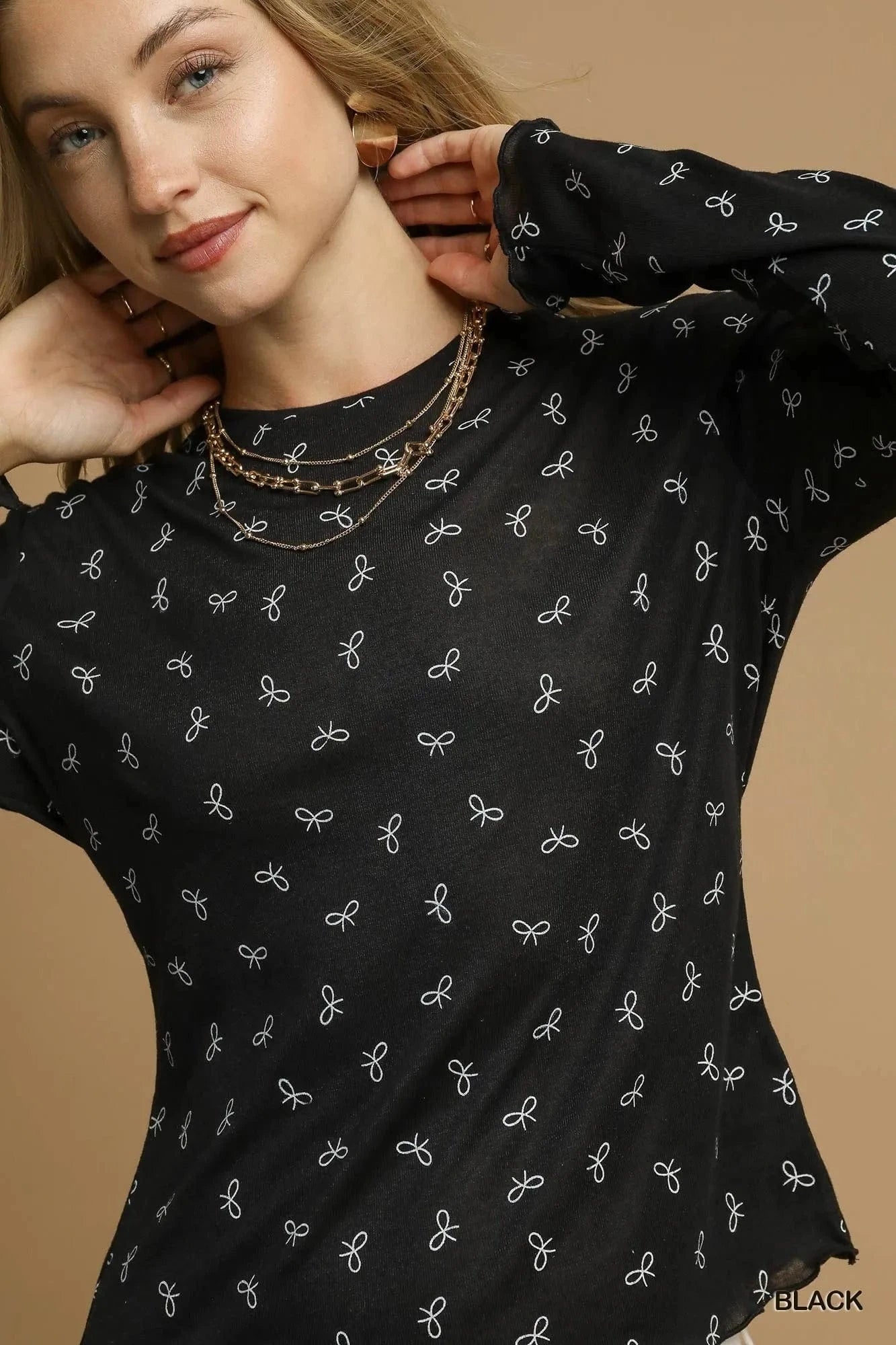 Umgee Bow Print Lightweight Knit Top - ShalayeFashion