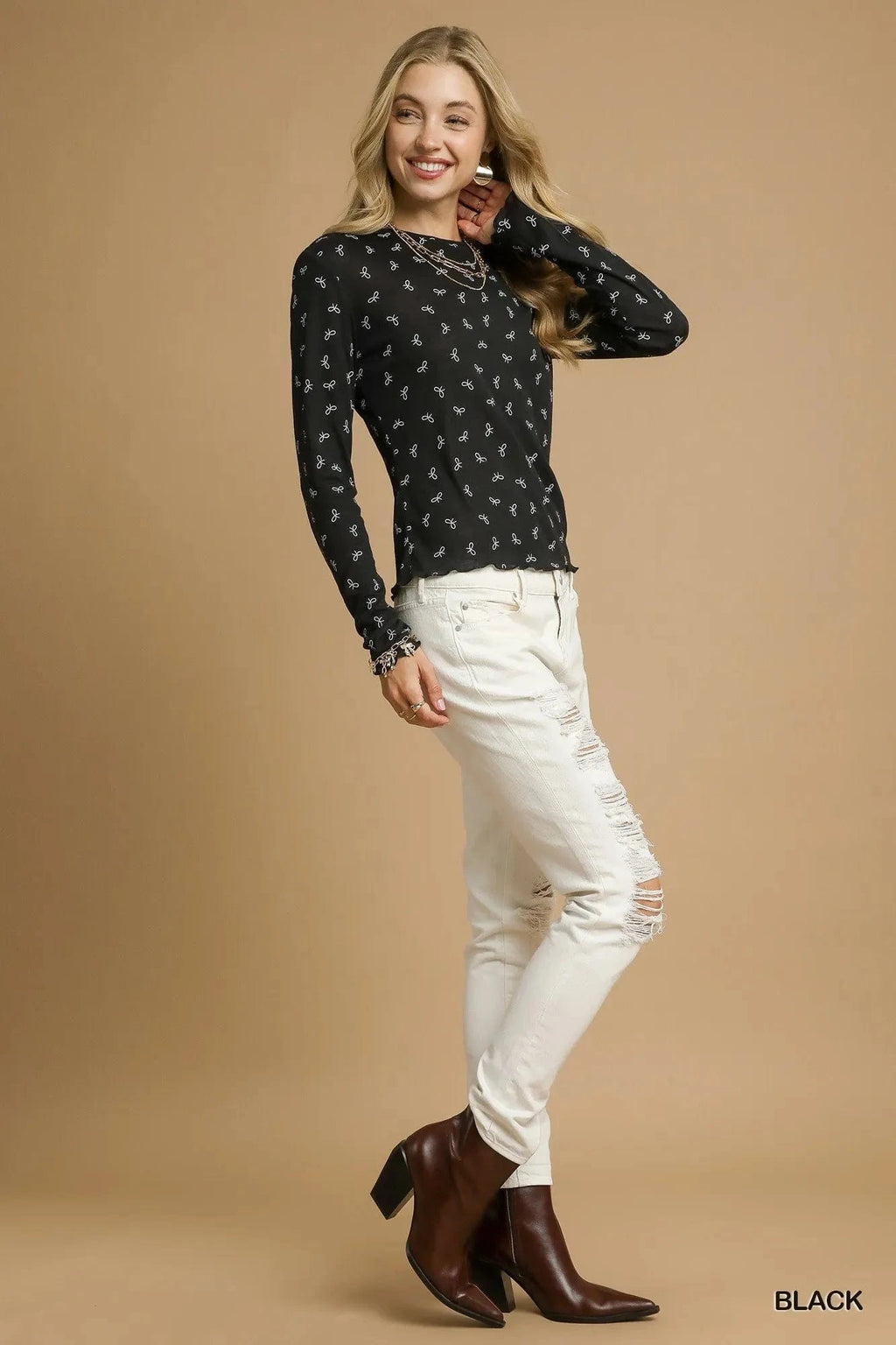 Umgee Bow Print Lightweight Knit Top - ShalayeFashion