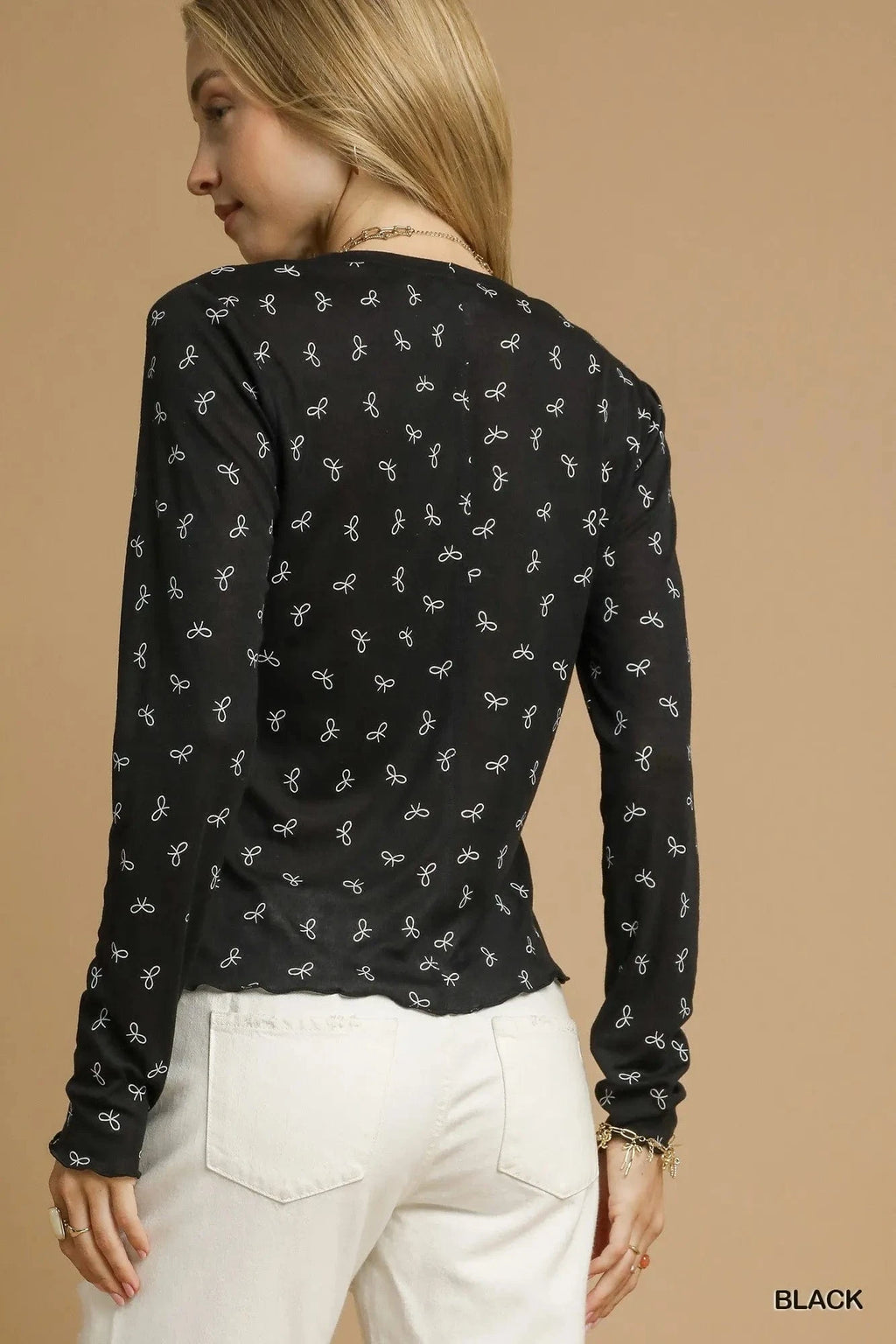 Umgee Bow Print Lightweight Knit Top - ShalayeFashion
