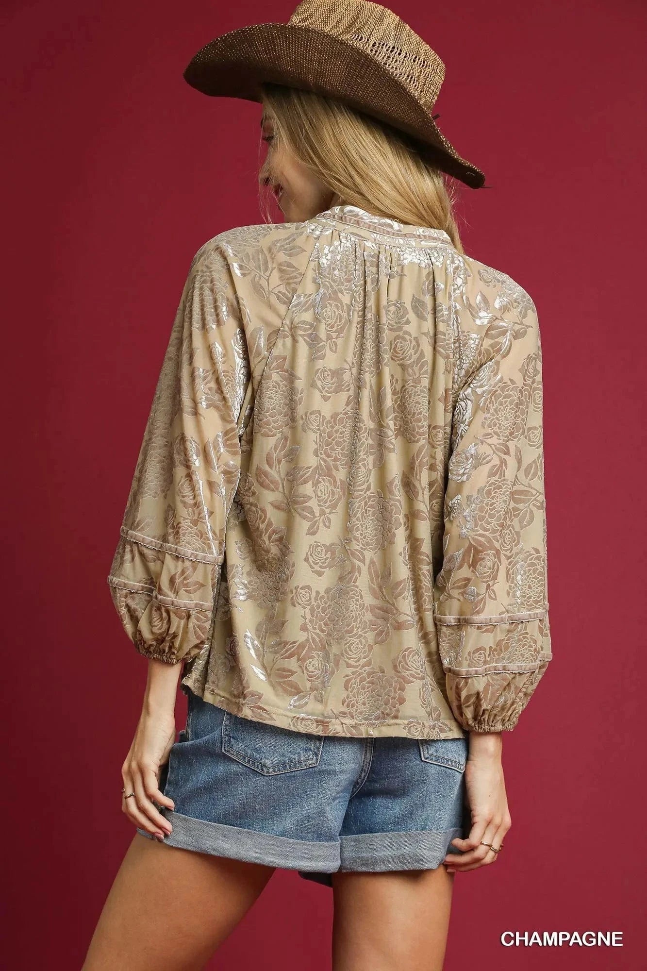 Umgee Floral Velvet Blouse with Balloon Sleeves - ShalayeFashion
