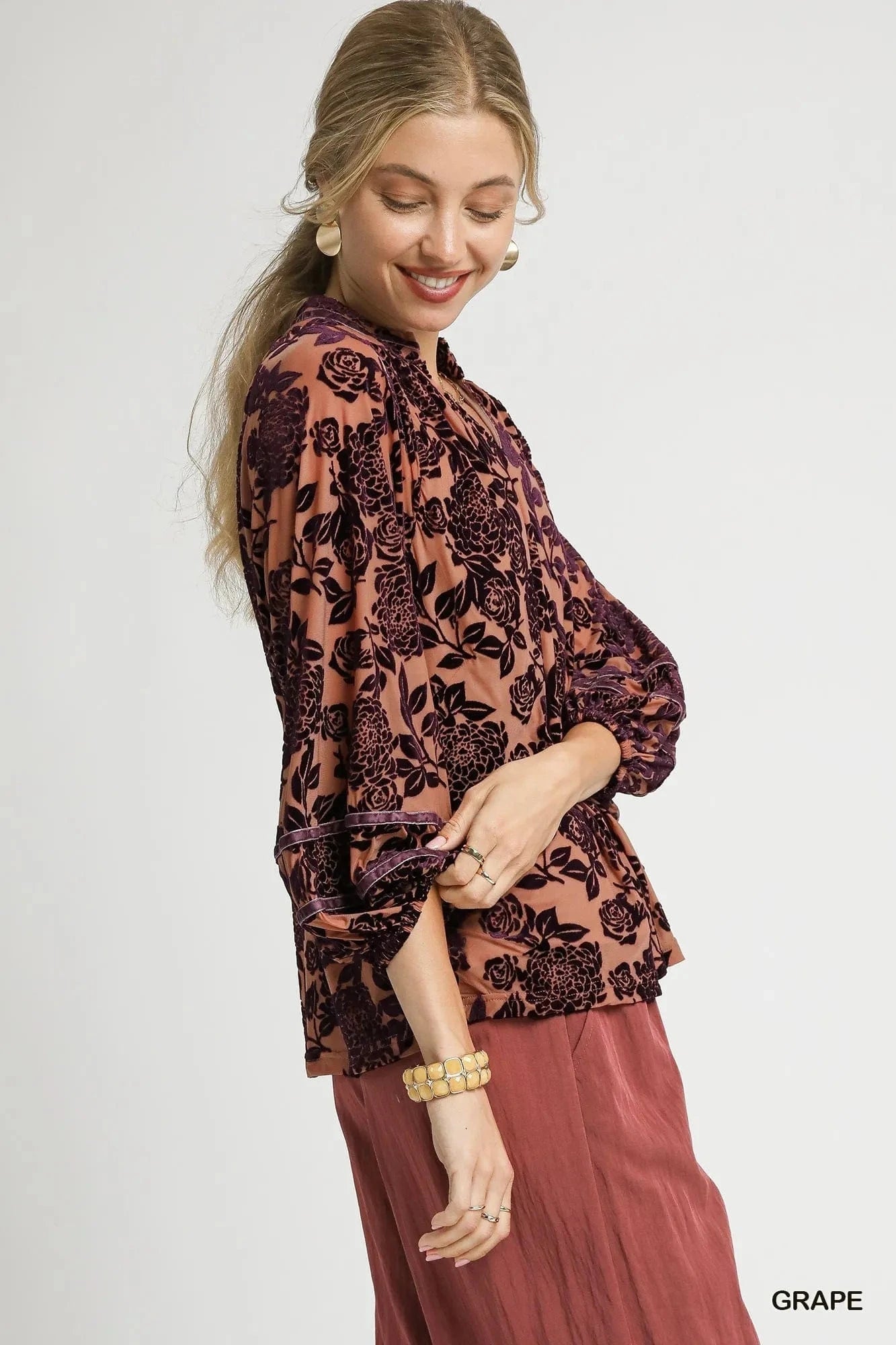 Umgee Floral Velvet Blouse with Balloon Sleeves - ShalayeFashion